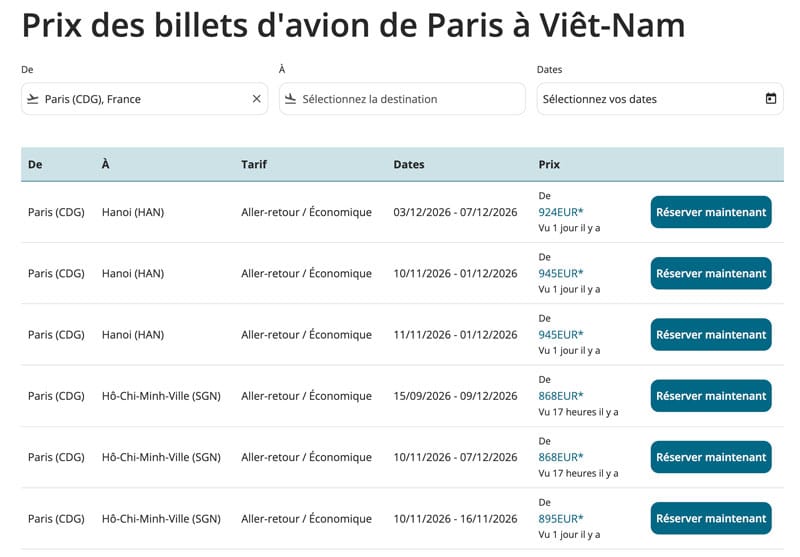 Prix billet d'avion Paris Hanoi